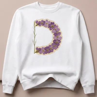 Vintage pressed T-shirt featuring a floral letter D in purple, green, and beige — printed on a unisex sweatshirt