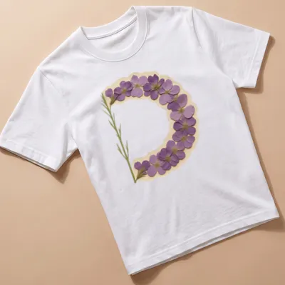 Vintage pressed T-shirt featuring a floral letter D in purple, green, and beige