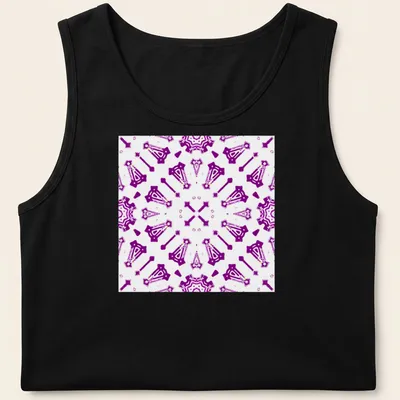 Purple and white kaleidoscope pattern T-shirt featuring abstract geometric shapes — printed on a tank top