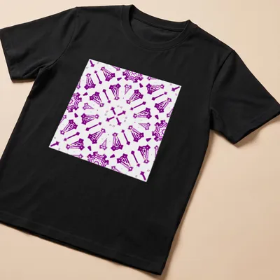 Purple and white kaleidoscope pattern T-shirt featuring abstract geometric shapes