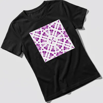 Purple and white kaleidoscope pattern T-shirt featuring abstract geometric shapes — printed on a women's shirt