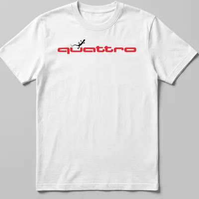 Bold graphic tee featuring a lizard and the word quattro in red and black