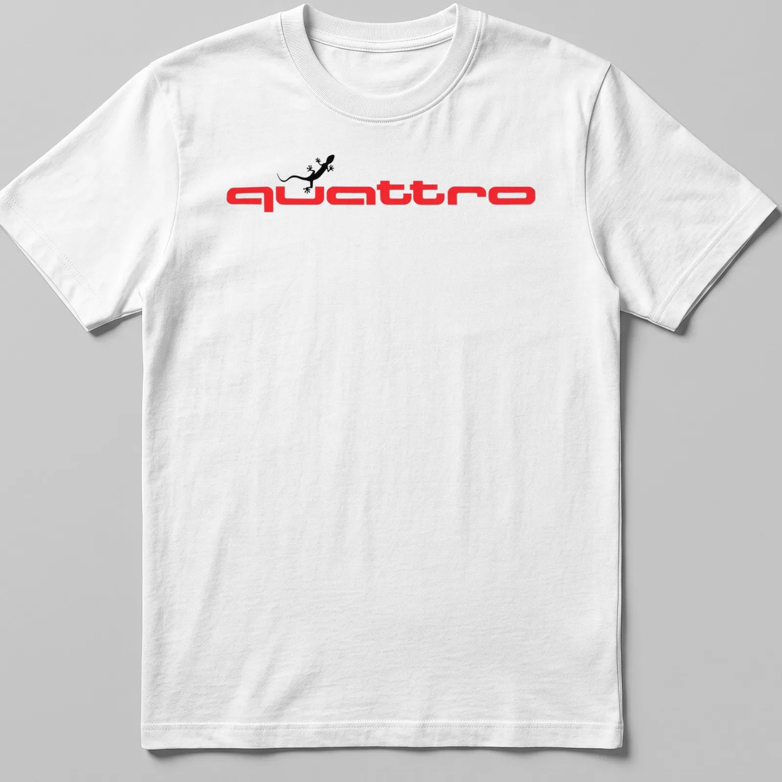 Bold graphic tee featuring a lizard and the word quattro in red and black — printed on a unisex t-shirt