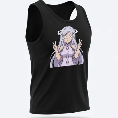 Anime illustration of Quinella in a lavender dress making a double peace sign — printed on a tank top