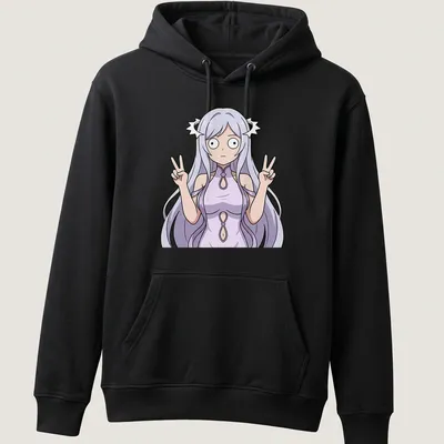 Anime illustration of Quinella in a lavender dress making a double peace sign — printed on a unisex hoodie