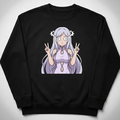 Anime illustration of Quinella in a lavender dress making a double peace sign — printed on a unisex sweatshirt