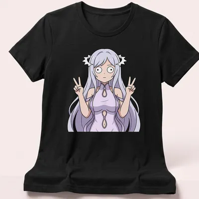Anime illustration of Quinella in a lavender dress making a double peace sign — printed on a women's shirt