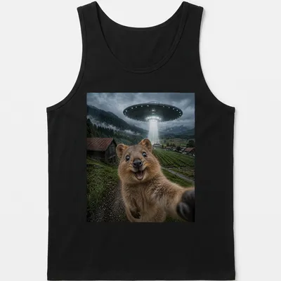 Realistic quokka with alien UFO and text in a funny meme style — printed on a tank top