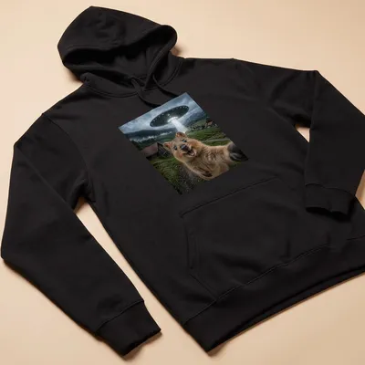 Realistic quokka with alien UFO and text in a funny meme style — printed on a unisex hoodie
