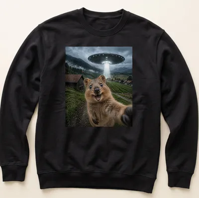 Realistic quokka with alien UFO and text in a funny meme style — printed on a unisex sweatshirt