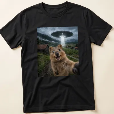 Realistic quokka with alien UFO and text in a funny meme style