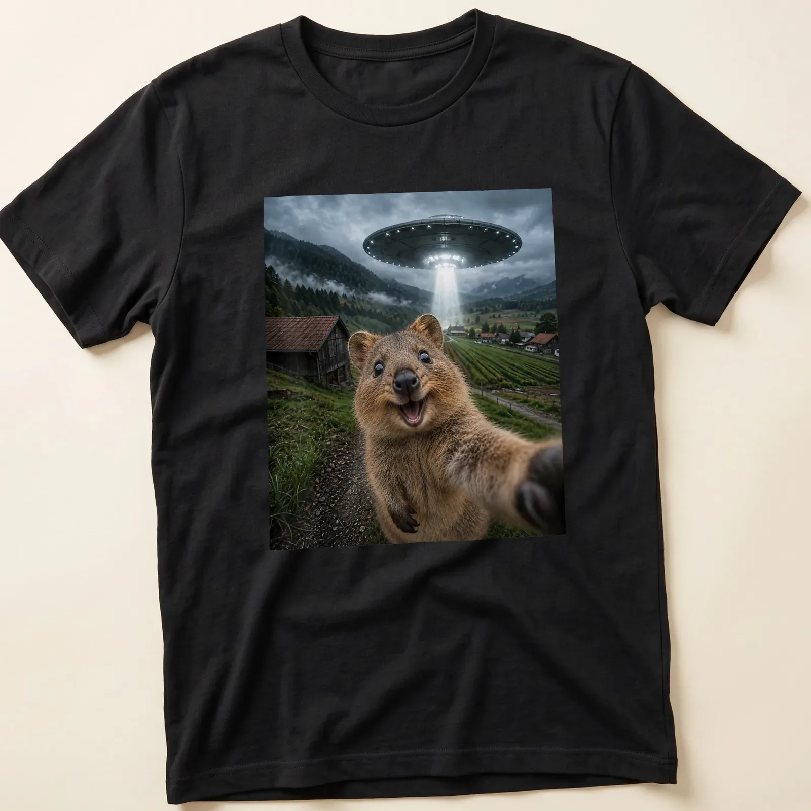 Realistic quokka with alien UFO and text in a funny meme style — printed on a unisex t-shirt