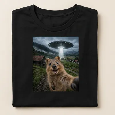 Realistic quokka with alien UFO and text in a funny meme style — printed on a women's shirt