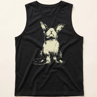 Minimalist line art of a rabbit wearing earbuds, in light beige and white — printed on a tank top