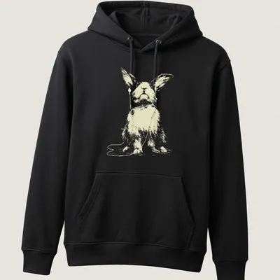 Minimalist line art of a rabbit wearing earbuds, in light beige and white — printed on a unisex hoodie