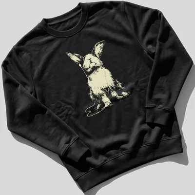 Minimalist line art of a rabbit wearing earbuds, in light beige and white — printed on a unisex sweatshirt