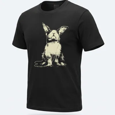 Minimalist line art of a rabbit wearing earbuds, in light beige and white — printed on a unisex t-shirt