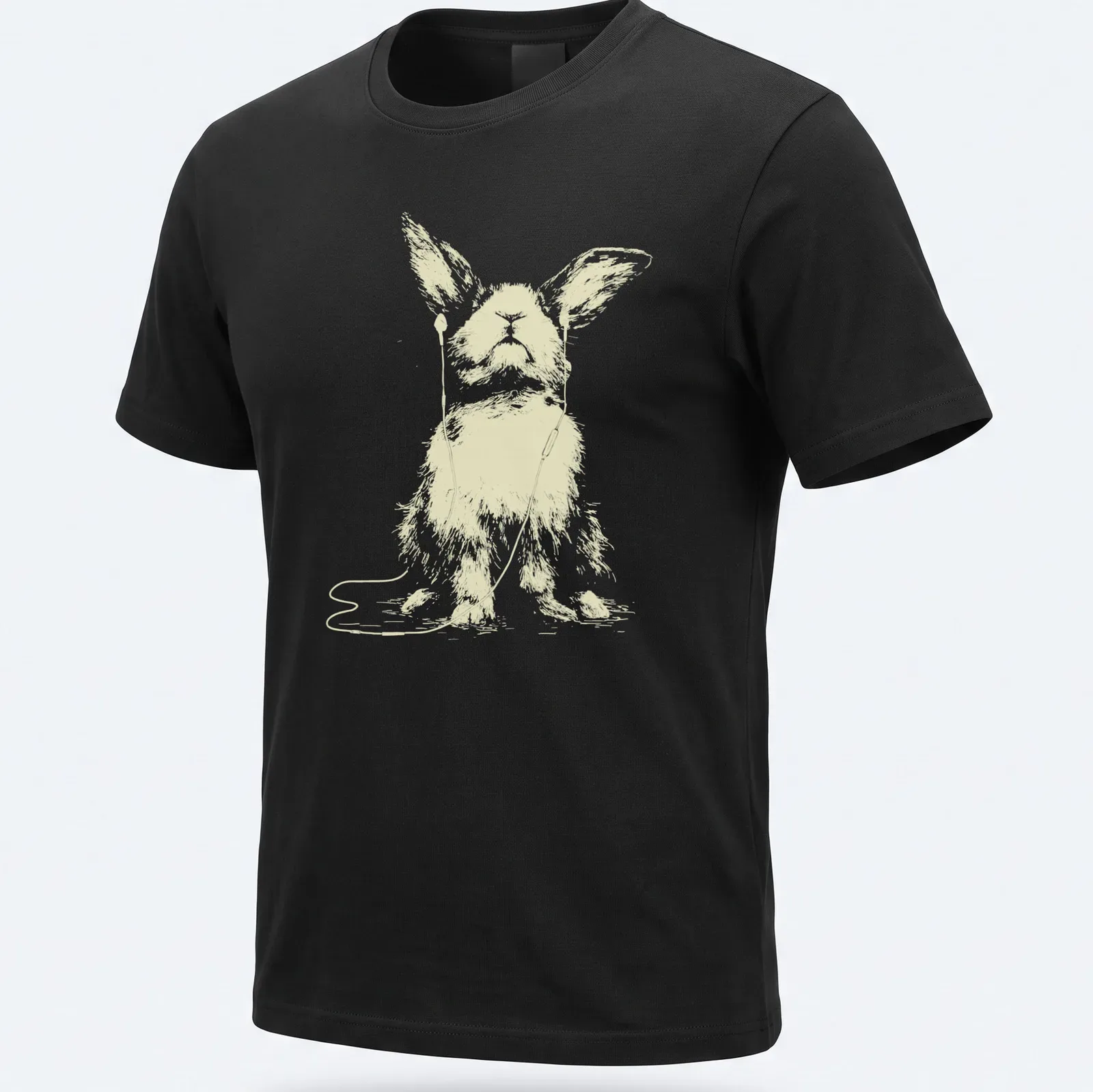 Minimalist line art of a rabbit wearing earbuds, in light beige and white — printed on a unisex t-shirt