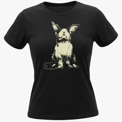 Minimalist line art of a rabbit wearing earbuds, in light beige and white — printed on a women's shirt