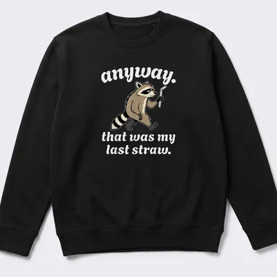 Cartoon raccoon with the phrase 'anyway. that was my last straw.' printed in brown, black, and white. — printed on a unisex sweatshirt