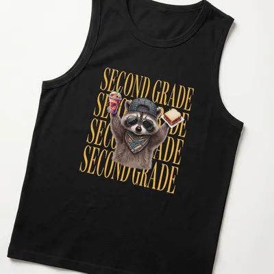 Funny cartoon raccoon above the text 'SECOND GRADE' in bright colors — printed on a tank top