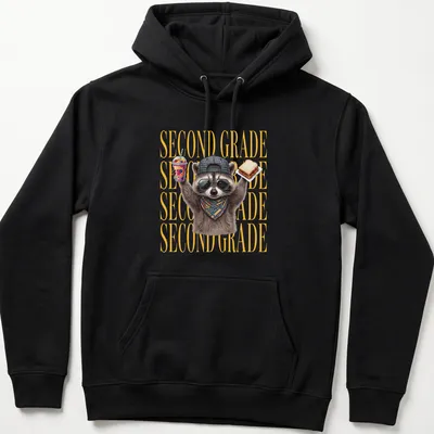 Funny cartoon raccoon above the text 'SECOND GRADE' in bright colors — printed on a unisex hoodie