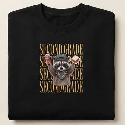 Funny cartoon raccoon above the text 'SECOND GRADE' in bright colors — printed on a unisex sweatshirt
