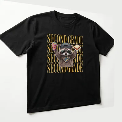 Funny cartoon raccoon above the text 'SECOND GRADE' in bright colors — printed on a unisex t-shirt (angled view)