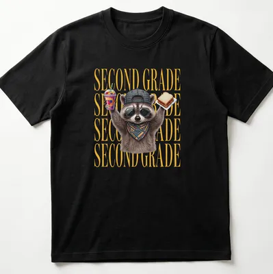 Funny cartoon raccoon above the text 'SECOND GRADE' in bright colors