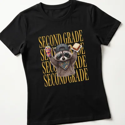 Funny cartoon raccoon above the text 'SECOND GRADE' in bright colors — printed on a women's shirt