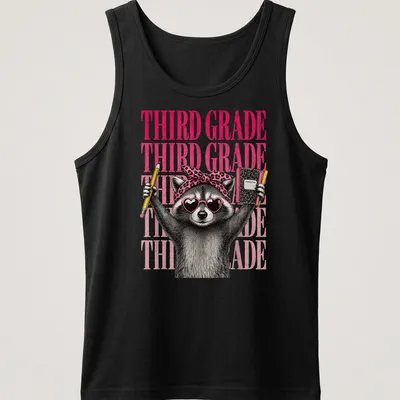 Vintage illustration of a raccoon girl with Third Grade text in pink, black, and white. — printed on a tank top