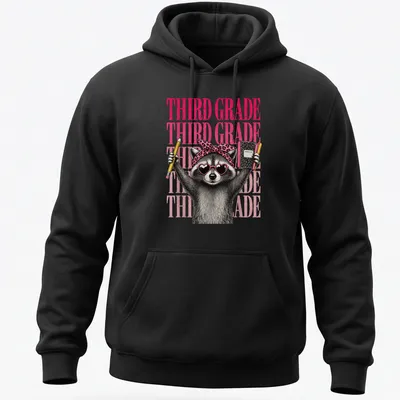Vintage illustration of a raccoon girl with Third Grade text in pink, black, and white. — printed on a unisex hoodie