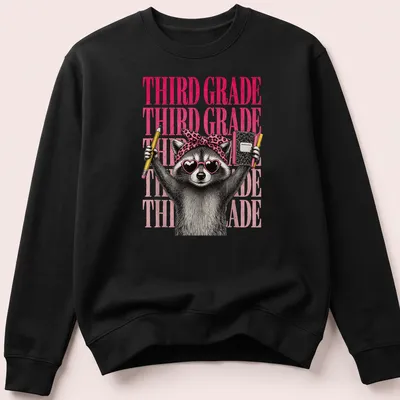 Vintage illustration of a raccoon girl with Third Grade text in pink, black, and white. — printed on a unisex sweatshirt