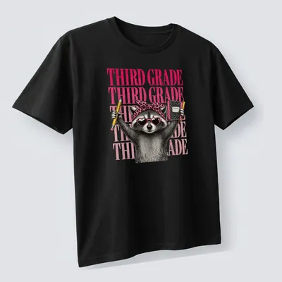 Vintage illustration of a raccoon girl with Third Grade text in pink, black, and white. — printed on a unisex t-shirt (angled view)