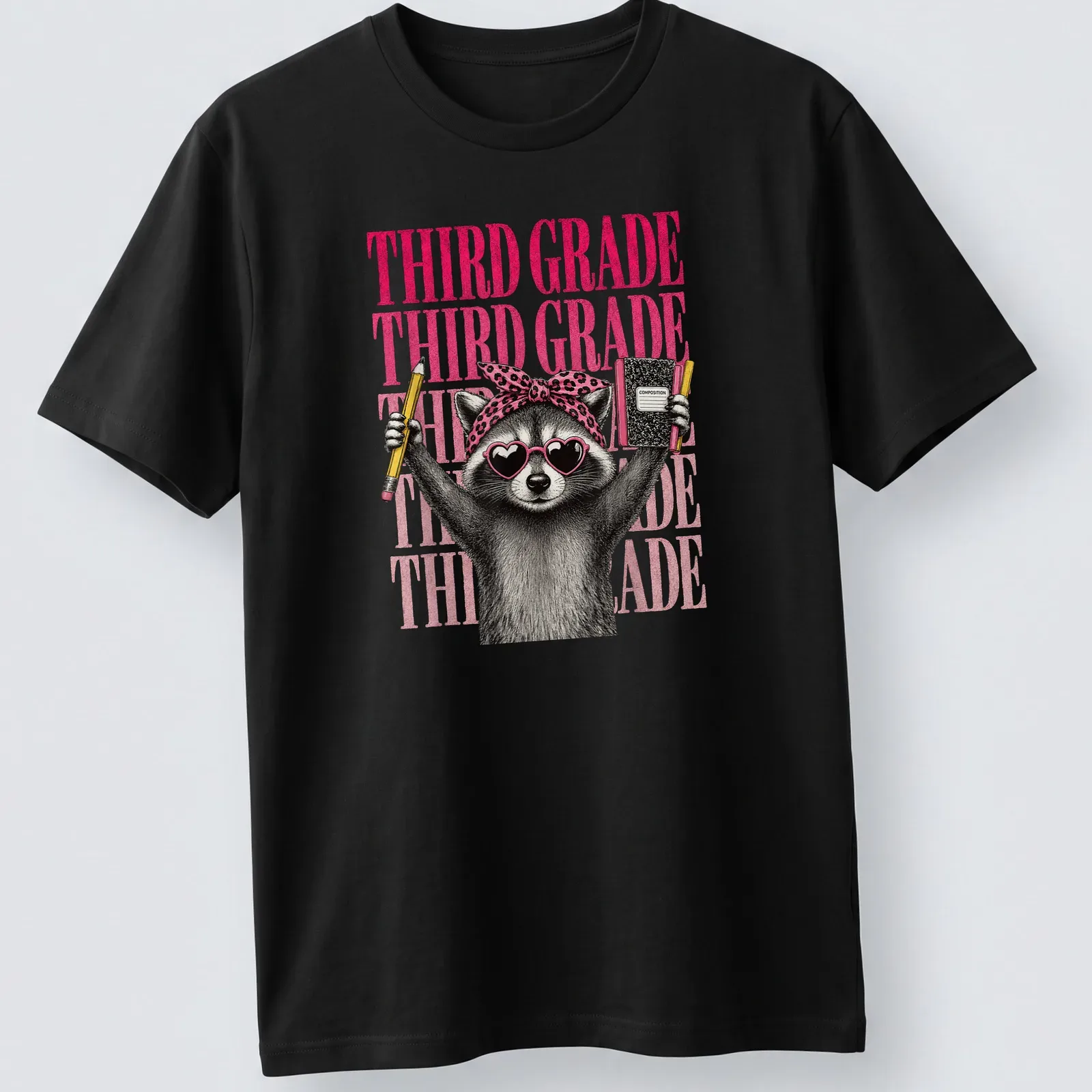 Vintage illustration of a raccoon girl with Third Grade text in pink, black, and white. — printed on a unisex t-shirt