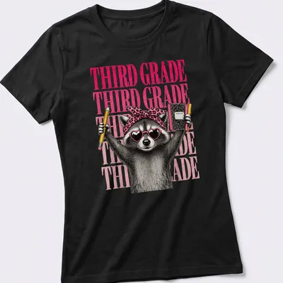 Vintage illustration of a raccoon girl with Third Grade text in pink, black, and white. — printed on a women's shirt