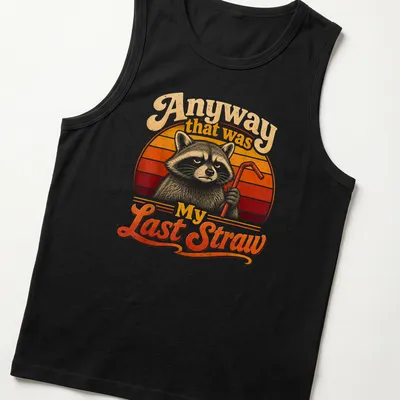 Vintage retro t-shirt featuring a cartoon raccoon and humorous text about straws — printed on a tank top