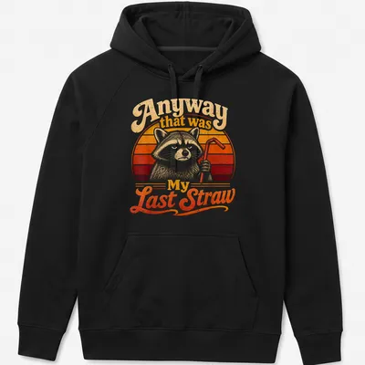 Vintage retro t-shirt featuring a cartoon raccoon and humorous text about straws — printed on a unisex hoodie