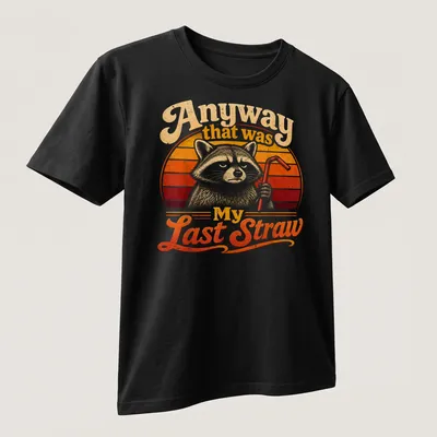 Vintage retro t-shirt featuring a cartoon raccoon and humorous text about straws — printed on a unisex t-shirt (angled view)