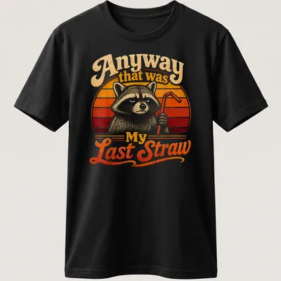 Vintage retro t-shirt featuring a cartoon raccoon and humorous text about straws
