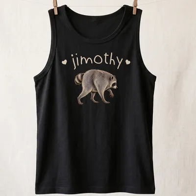 Realistic raccoon illustration with the name 'jimothy' printed above in bold text — printed on a tank top