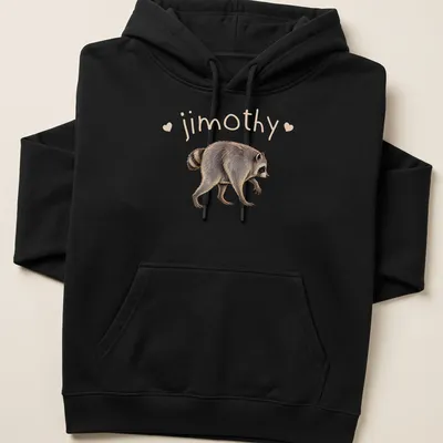 Realistic raccoon illustration with the name 'jimothy' printed above in bold text — printed on a unisex hoodie