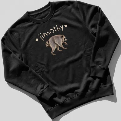 Realistic raccoon illustration with the name 'jimothy' printed above in bold text — printed on a unisex sweatshirt