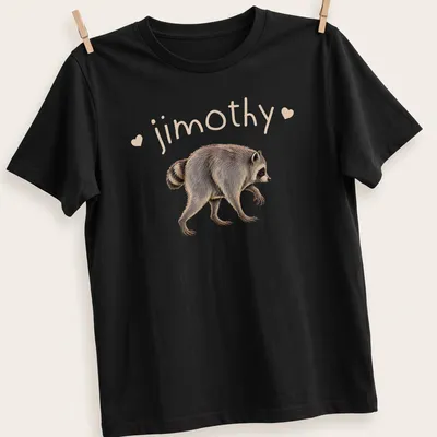 Realistic raccoon illustration with the name 'jimothy' printed above in bold text