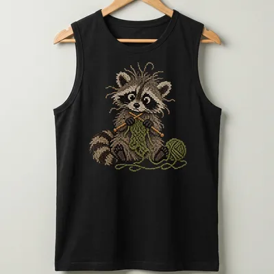 Whimsical raccoon knitting in faux cross stitch style, featuring brown and green colors — printed on a tank top