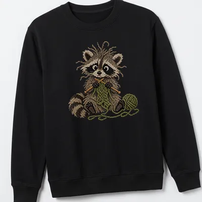 Whimsical raccoon knitting in faux cross stitch style, featuring brown and green colors — printed on a unisex sweatshirt