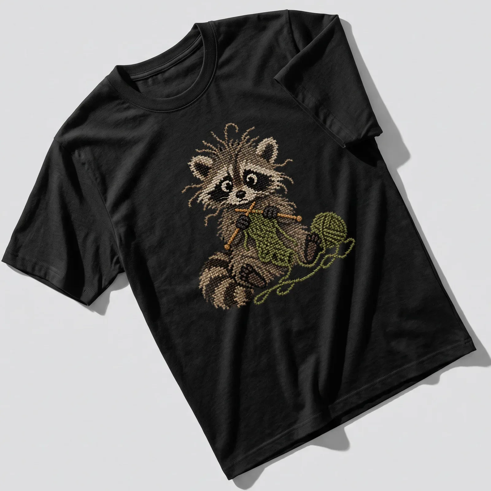 Whimsical raccoon knitting in faux cross stitch style, featuring brown and green colors — printed on a unisex t-shirt