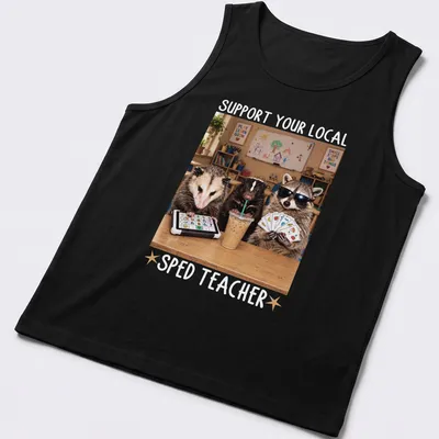 Photorealistic raccoon holding an apple with text supporting SPED teachers — printed on a tank top
