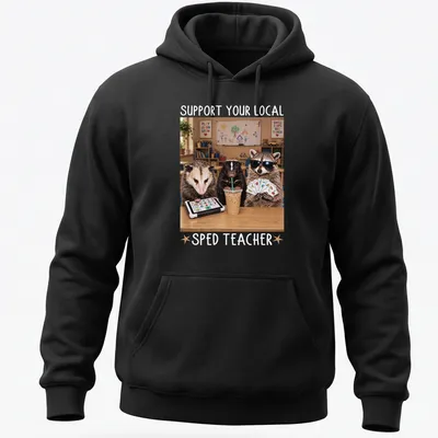 Photorealistic raccoon holding an apple with text supporting SPED teachers — printed on a unisex hoodie