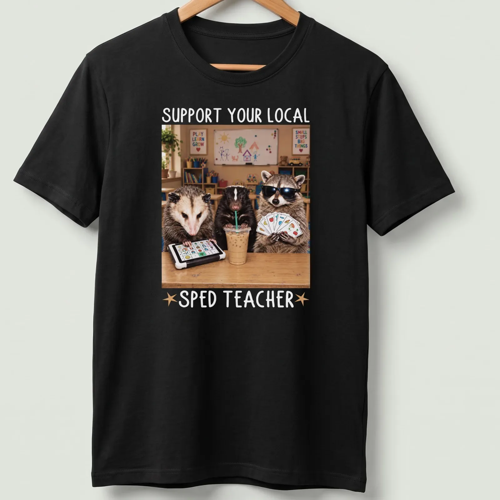 Photorealistic raccoon holding an apple with text supporting SPED teachers — printed on a unisex t-shirt